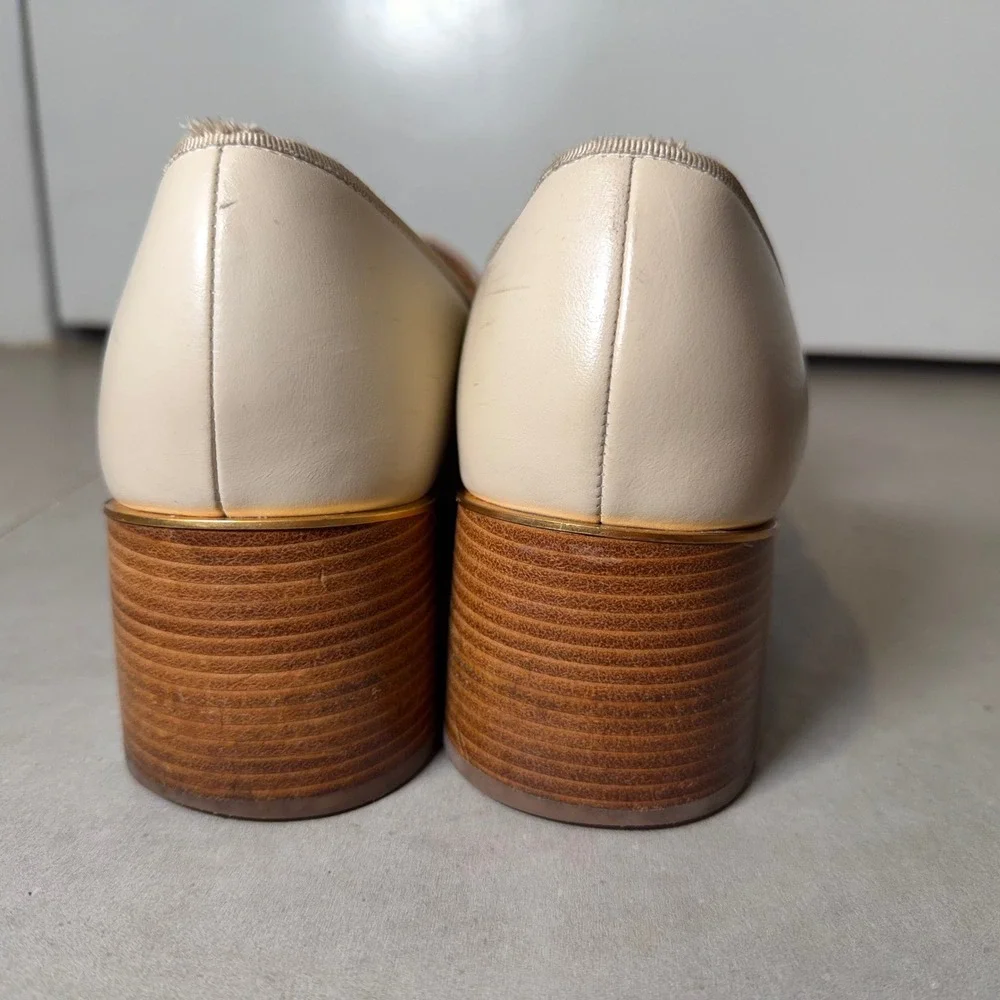 Tory Burch Everly Loafers 8M Cream Leather Block Heel Croc Double T Professional